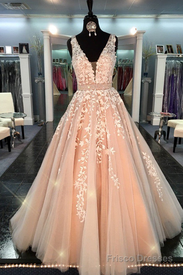modest prom gowns deep v neck prom dresses handmade lace tulle  a line quinceanera dresses Main image