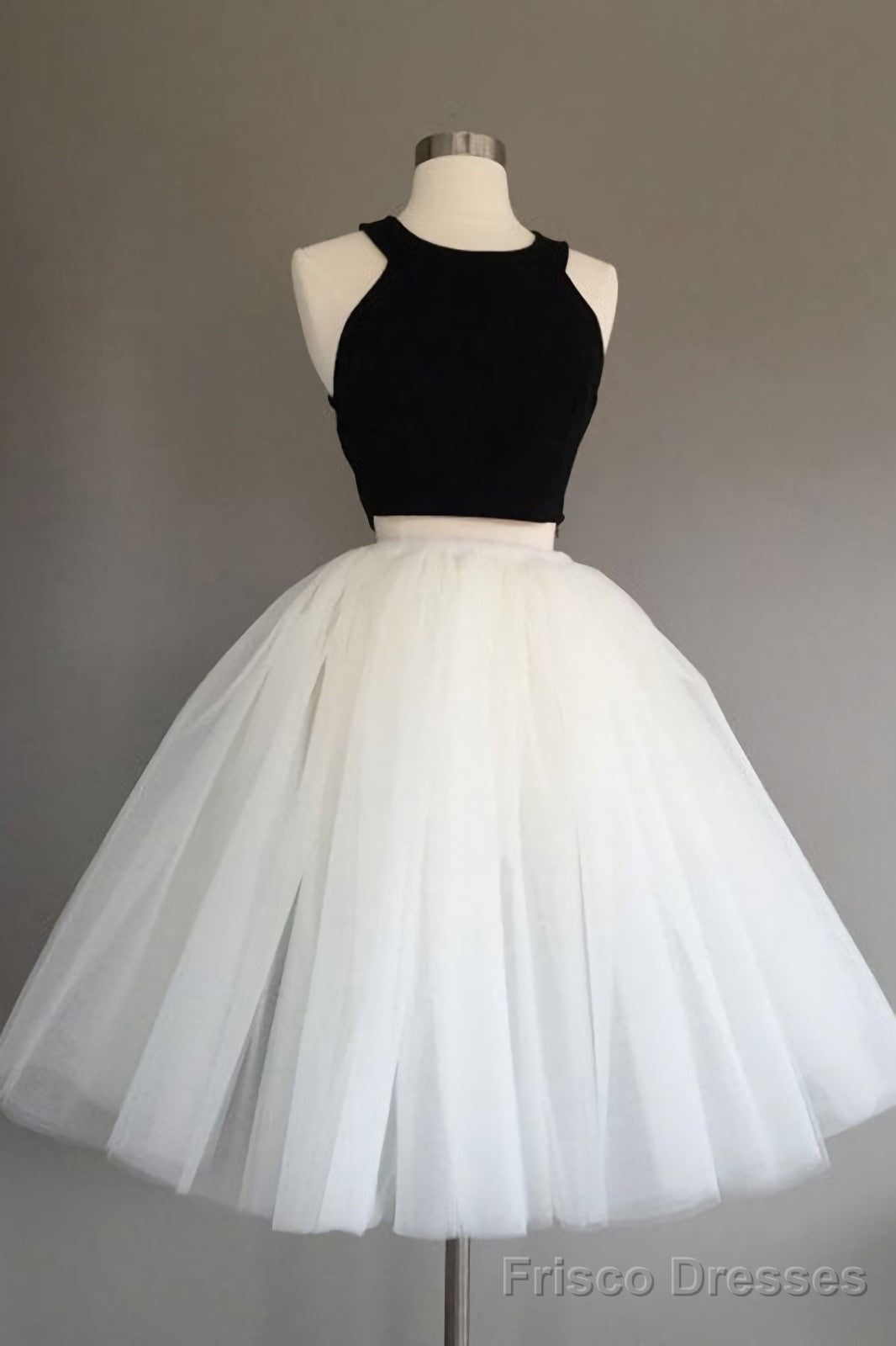 Two Piece Halter Knee Length Short Sleeveless Black Ivory Tulle Homecoming Dresses Main image