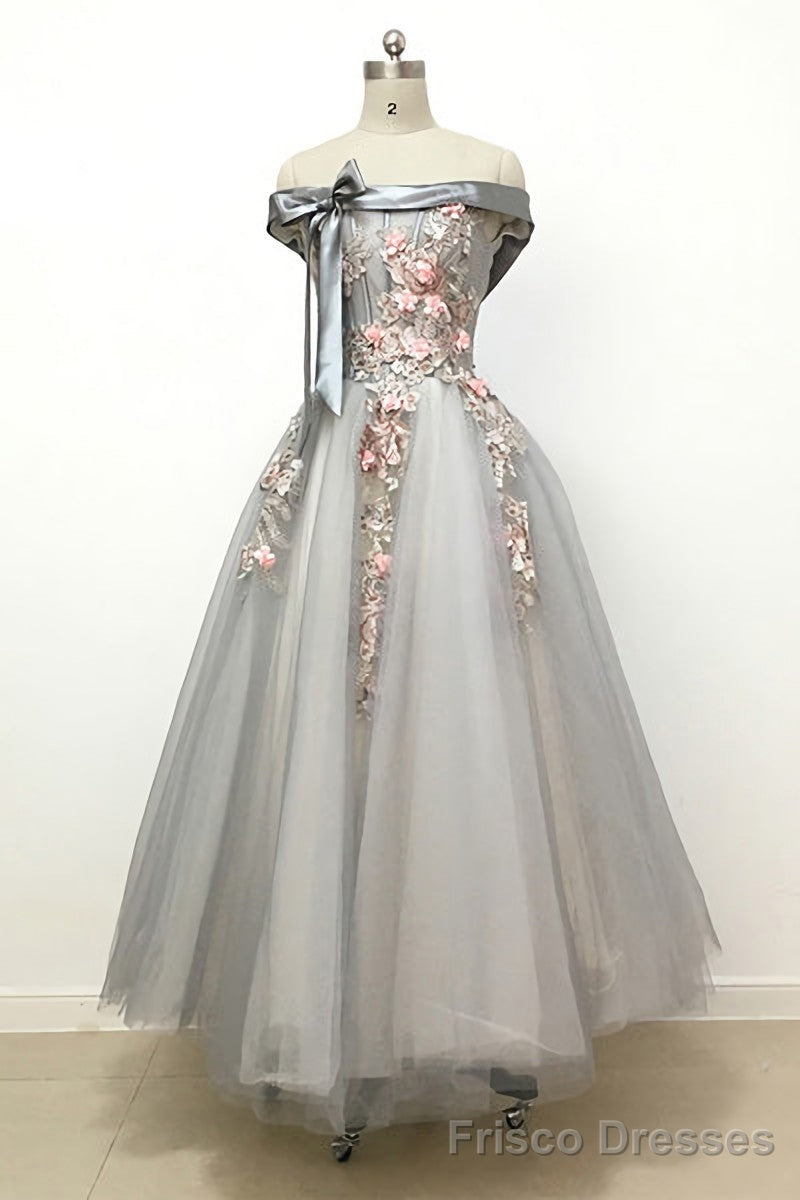 Light Grey Tulle Off Shoulder Flower Lace A Line Prom Dresses Main image