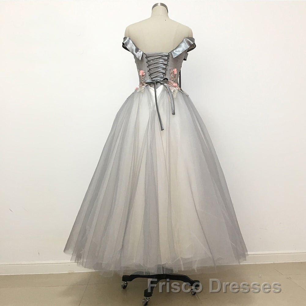 Light Grey Tulle Off Shoulder Flower Lace A Line Formal Prom Dress Secondary image