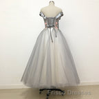 Light Grey Tulle Off Shoulder Flower Lace A Line Formal Prom Dress