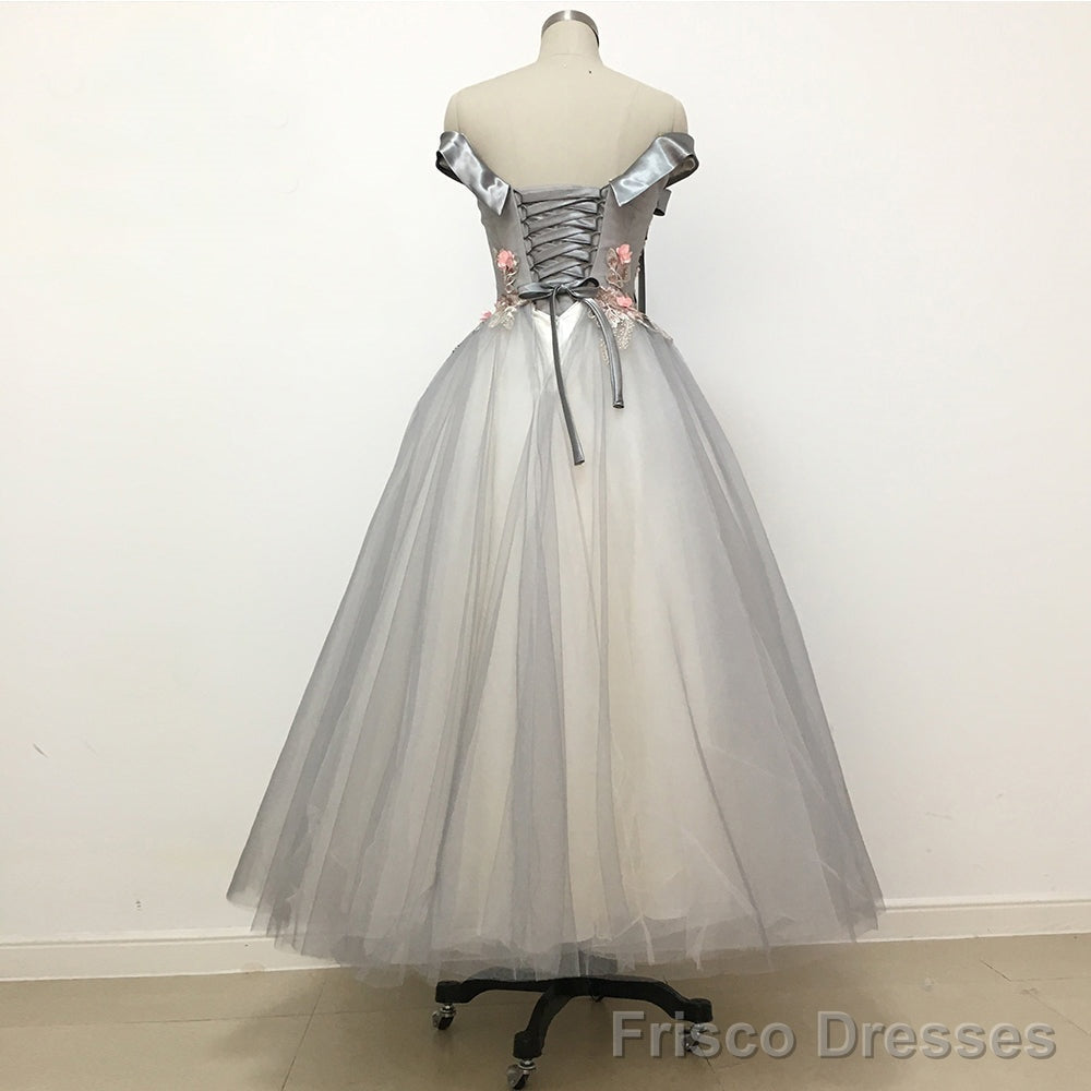 Light Grey Tulle Off Shoulder Flower Lace A Line Prom Dresses Secondary image