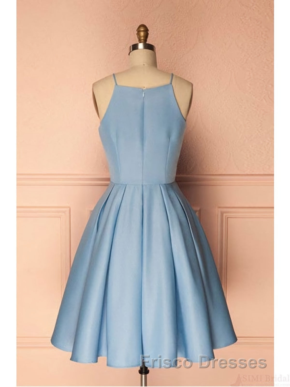Sky Blue A Line Satin Blue Spaghetti Straps Short Formal Prom Dress