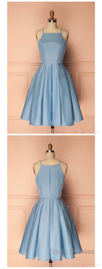 Sky Blue A Line Satin Blue Spaghetti Straps Short Formal Prom Dress