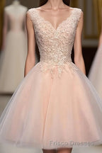 Princess V Neck Tulle Short Mini Appliques Lace Sweet Formal Prom Dress