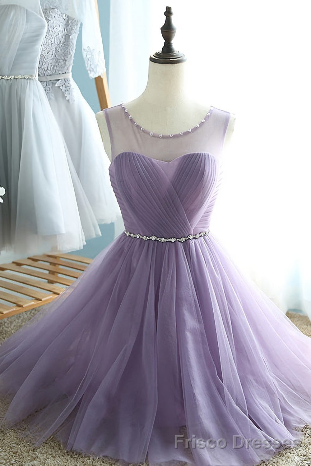 Elegant A Line Round Neck Purple Tulle Short Prom Dresses Main image