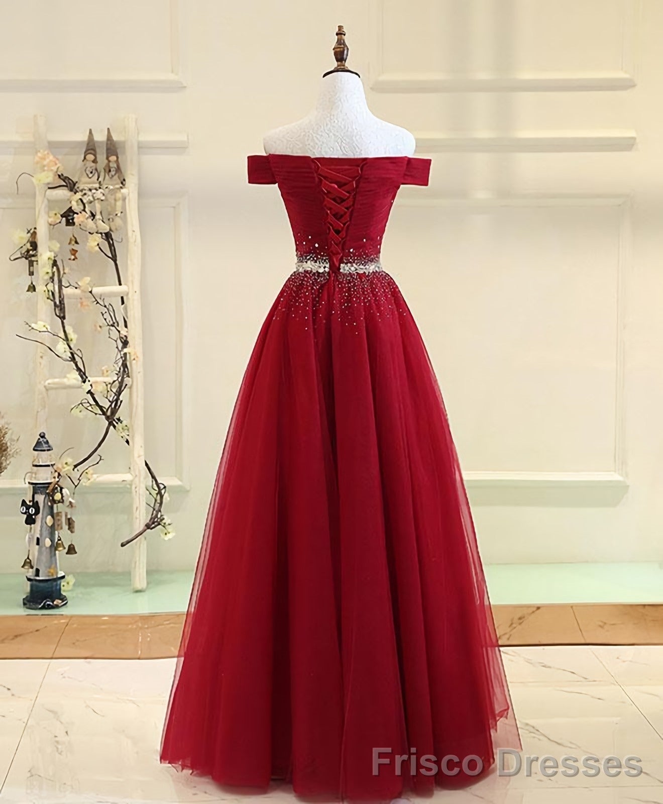 Burgundy Tulle Off Shoulder Long A Line Prom Dresses Secondary image