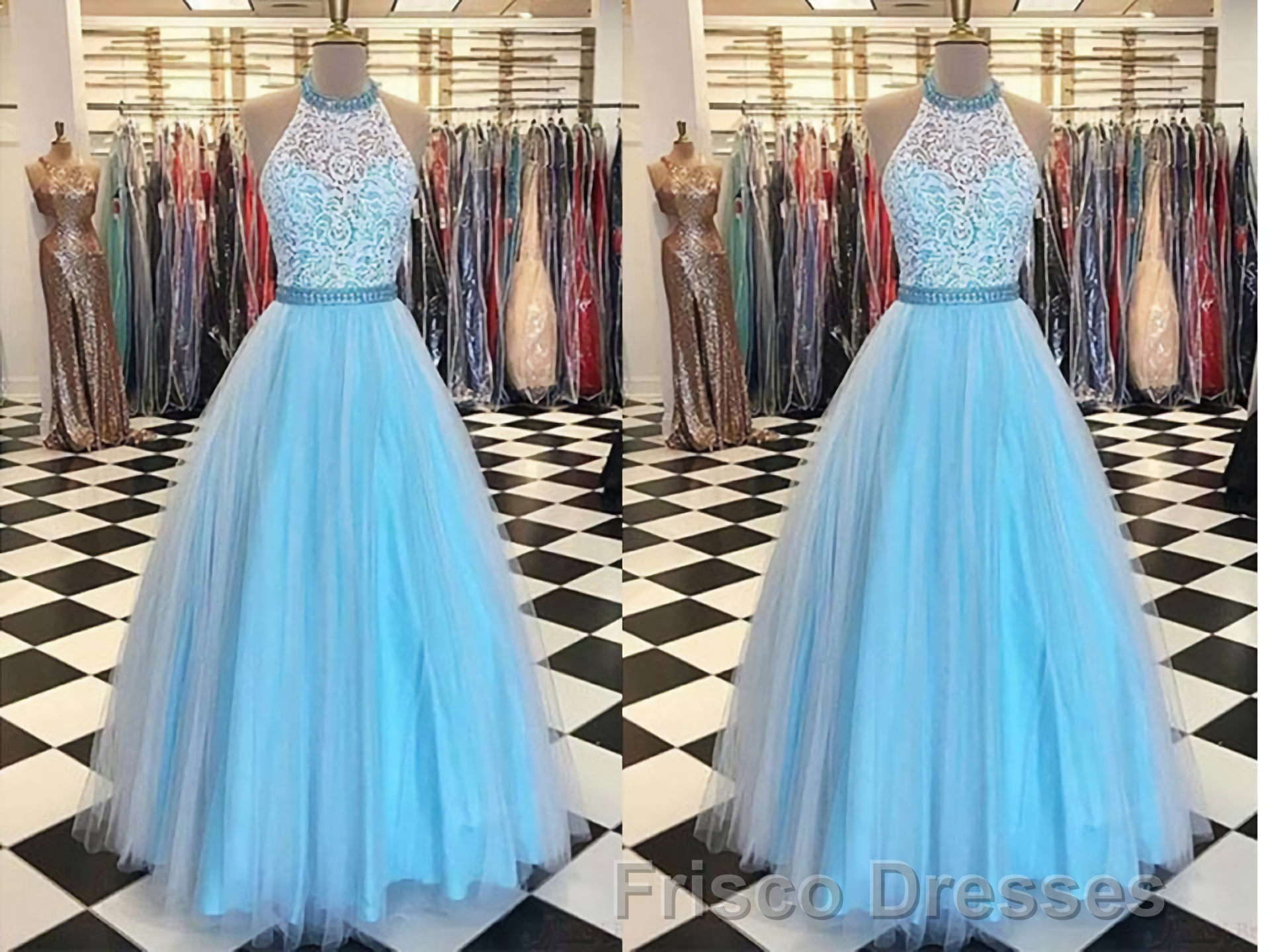 Prety Halter Long Lace Tulle Beding Light Blue For Teens Elegant Formal Prom Dress Secondary image