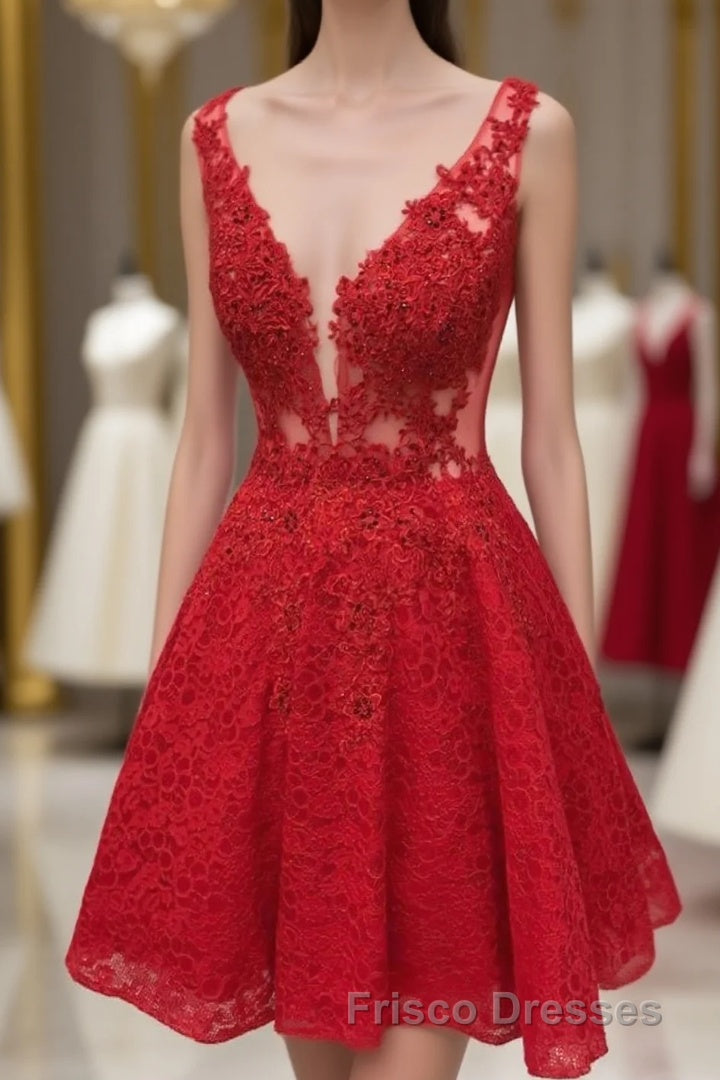 Cute Red Lace Appliques Short V Neck Sleeveless Mini Dc14 Formal Prom Dress Main image