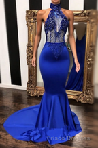 High neck halter beaded royal blue satin . Sleeveless. Illusion beading bodice. Mermaid long with sweep train Formal Prom Dress