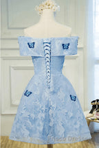 Sky Blue Off Shoulder Lace Short Lace With Butterfly Appliques A Line Off The Shoulder Dc51 Formal Prom Dress