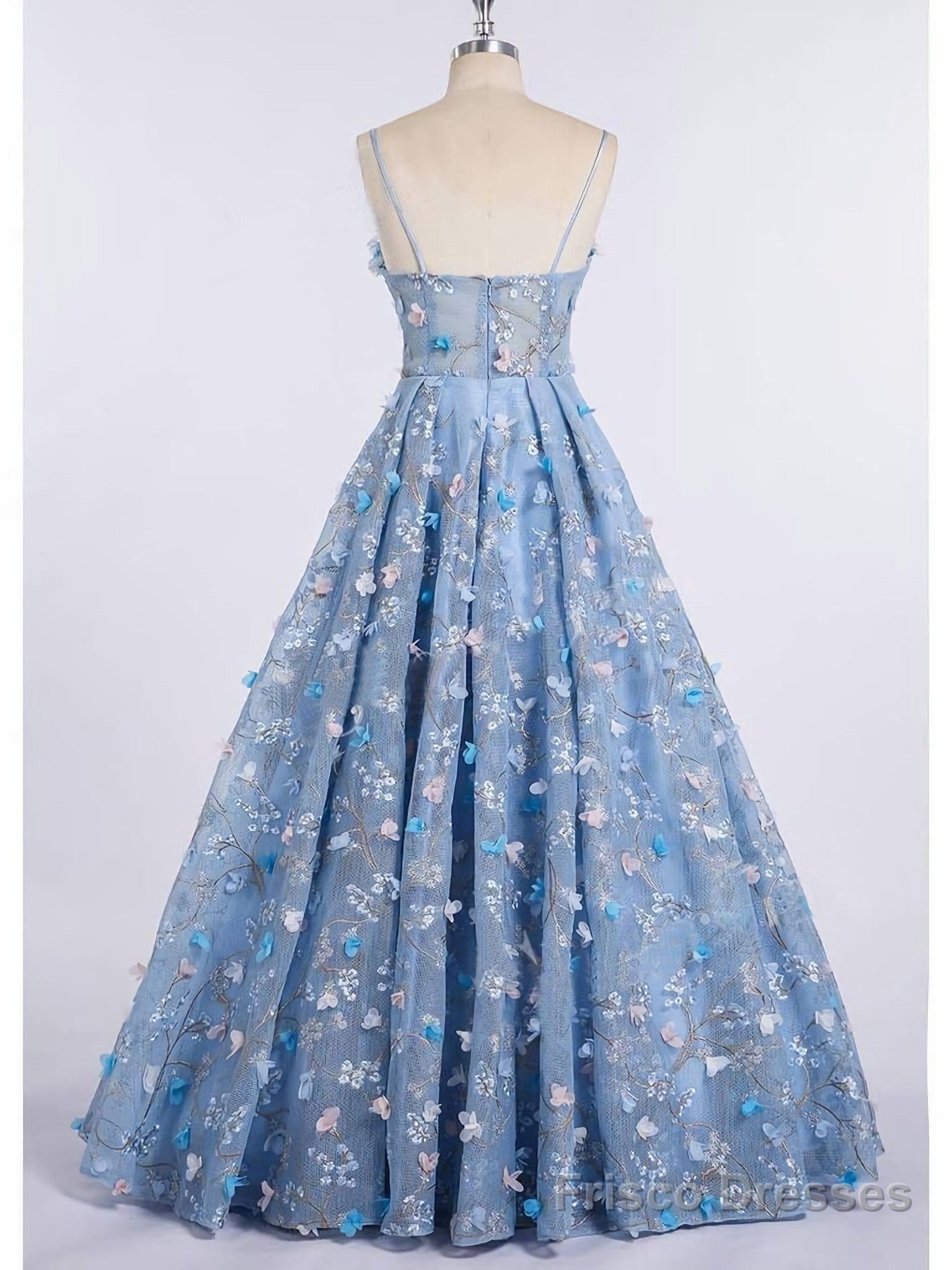 Princess Spaghetti Strap 3D Flower Applique Sky Blue Prom Dresses Secondary image