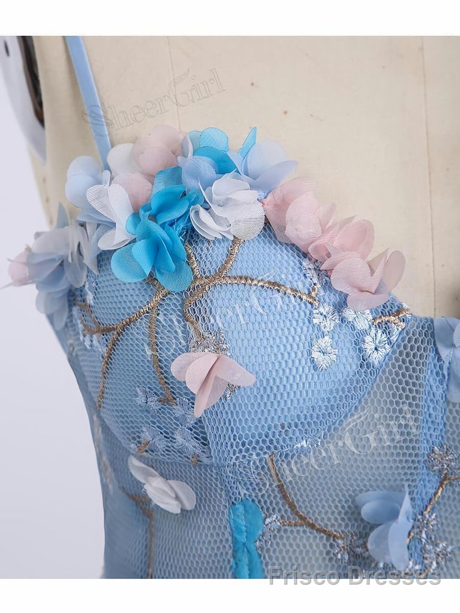 Princess Spaghetti Strap 3D Flower Applique Sky Blue Prom Dresses