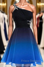 A Line Ombre Blue And Black One Shoulder Short Dc289 Formal Prom Dress