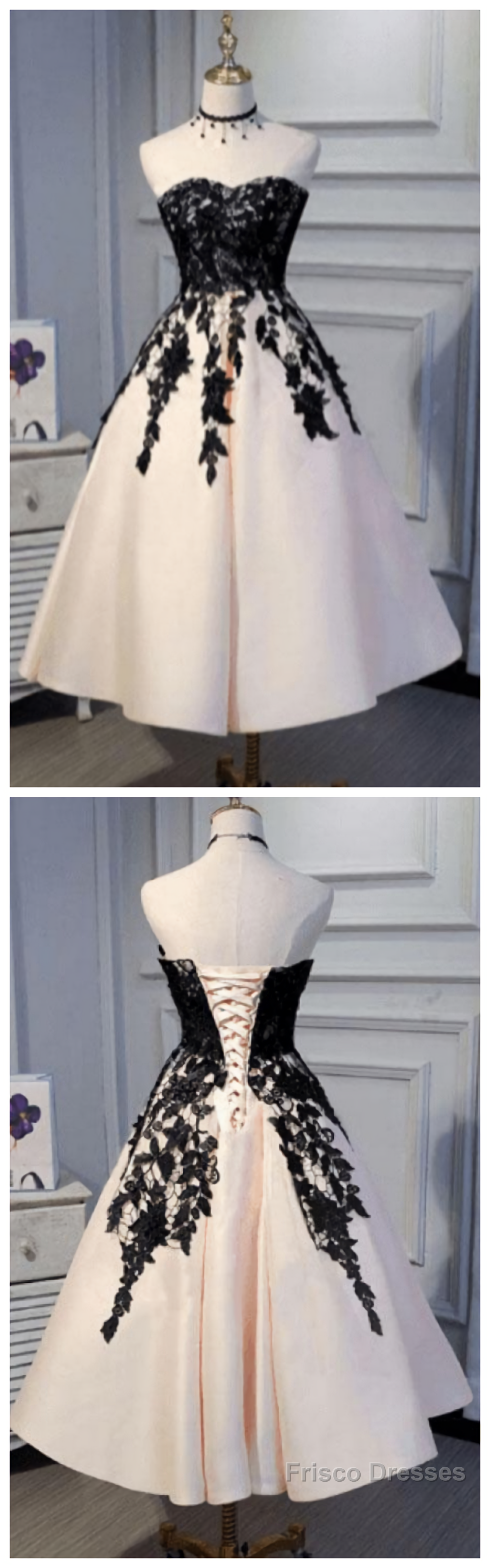 Ankle Length Strapless with Black Lace A Line Princess Homecoming Dresses Main image