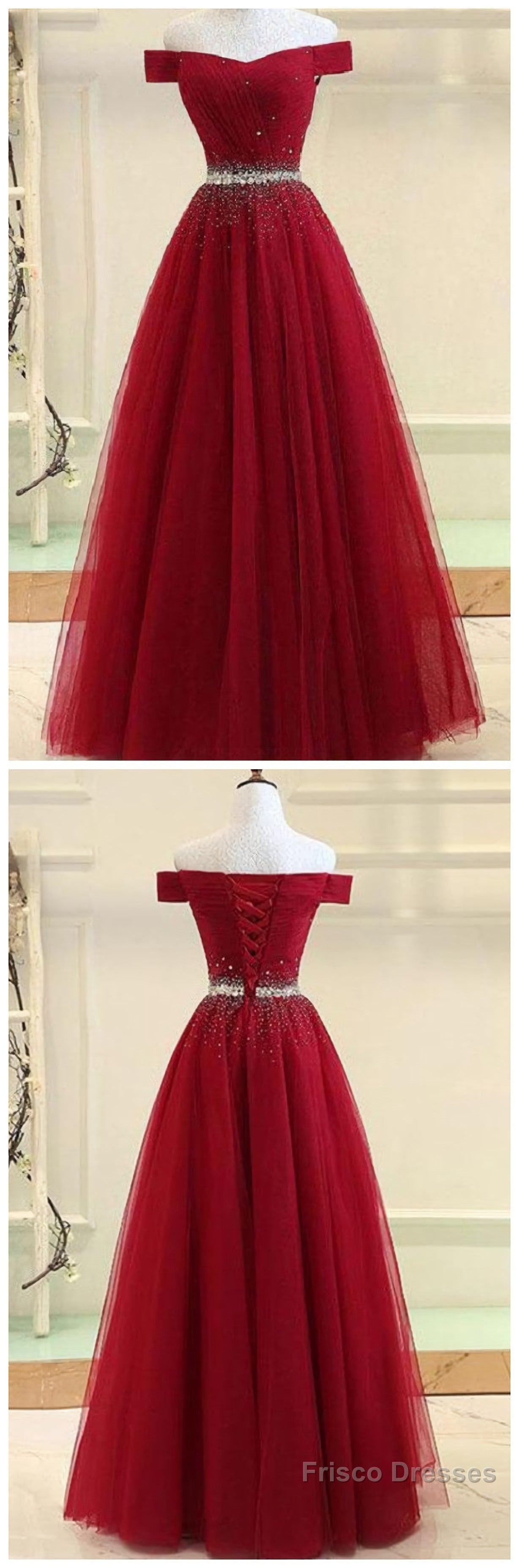 A Line Burgundy Off The Shoulder Lace Up Tulle Sweetheart Long Prom Dresses Secondary image