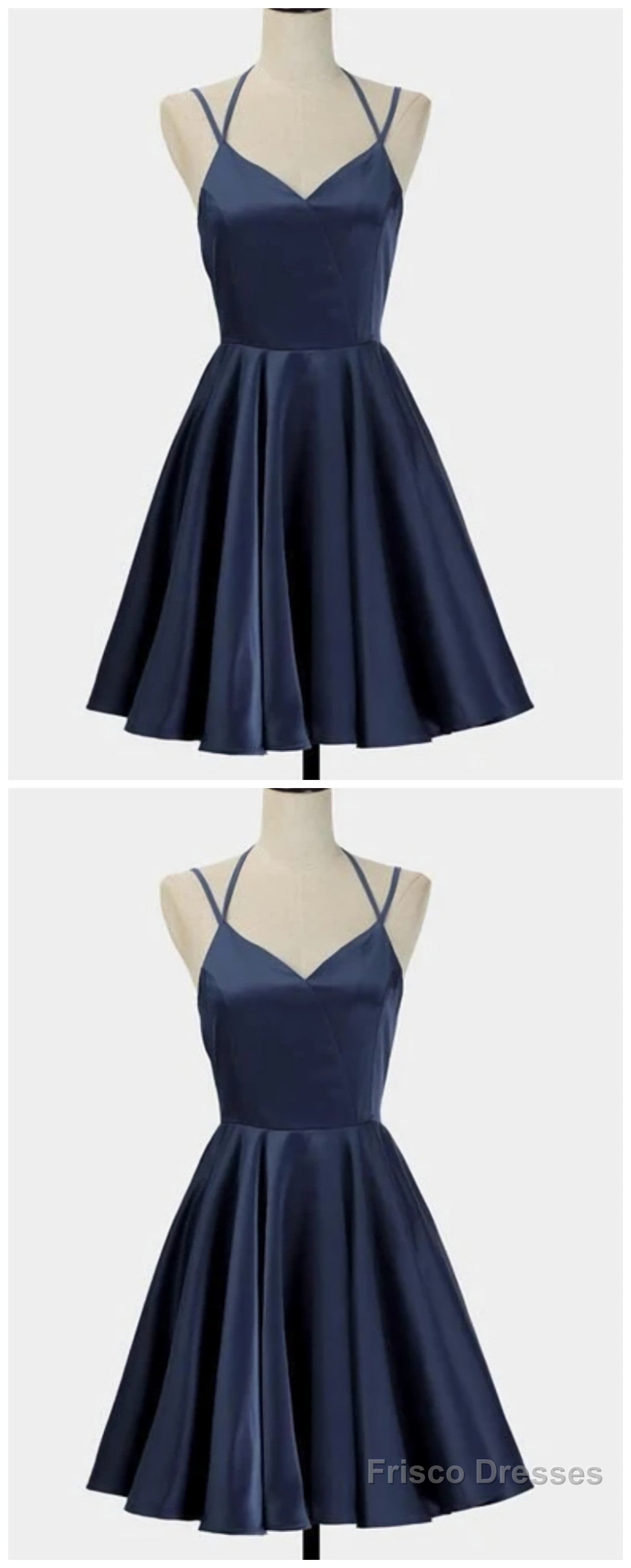 Spark Queen Simple Short Blue Sleeveless V Neck Mini Evening Dress, Women Dress, Satin Ruffles Spaghetti Straps Homecoming Dress Secondary image