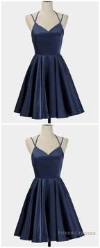Spark Queen Simple Short Blue Sleeveless V Neck Mini Evening Dress, Women Dress, Satin Ruffles Spaghetti Straps Homecoming Dress