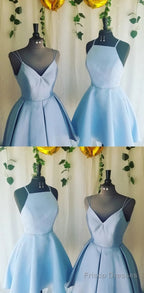 A Line V Neck Light Sky Blue Short Homecoming Dress With Pleats