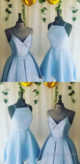 A Line V Neck Light Sky Blue Short Homecoming Dress With Pleats
