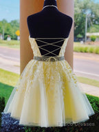Charming A-Line Halter Cross Back Yellow Tulle Short with Appliques Homecoming Dresses