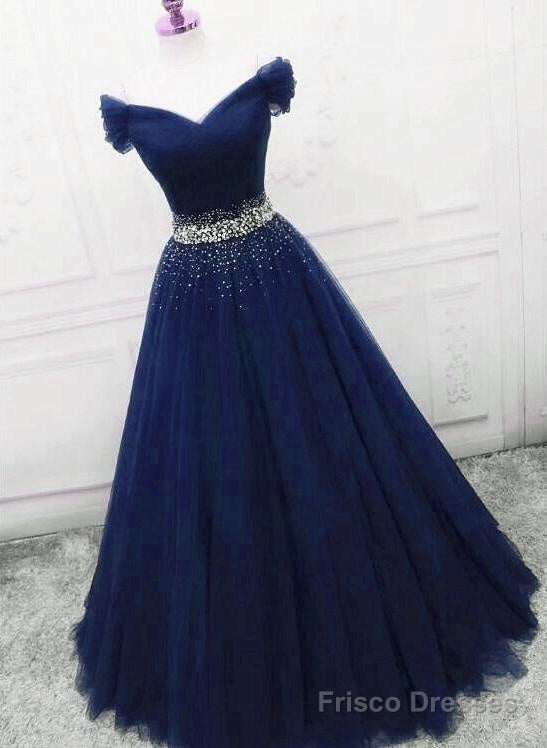 Dark Blue Beaded Tulle A Line Party Dress, Long Prom Dress Secondary image