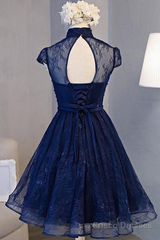 Beautiful Navy Blue Knee Length Lace Party Dress, Homecoming Dress