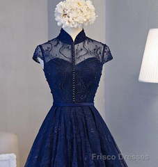 Beautiful Navy Blue Knee Length Lace Party Dress, Homecoming Dress
