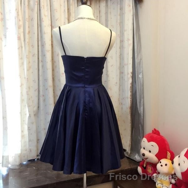 Simple Navy Blue Satin A Line V Neck Short Prom Dress, Homecoming Dress
