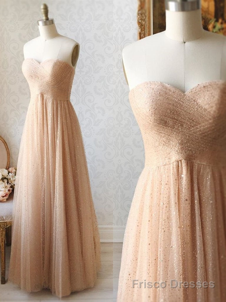 Shiny Sequins Strapless Champagne Long Prom Dresses, Champagne Formal Dresses, Sparkly Evening Dresses Main image