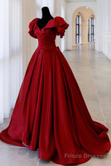 Burgundy Satin Long A Line Prom Dress, Evening Dress