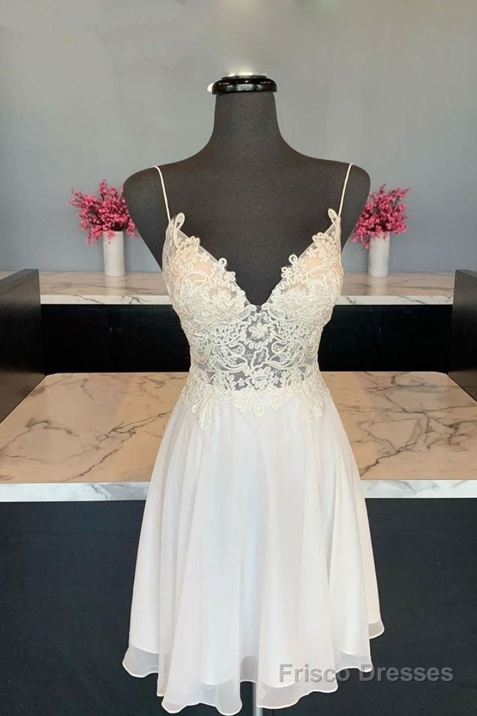 Cute V Neck Chiffon Lace Short Prom Dress, Lace Homecoming Dress Main image