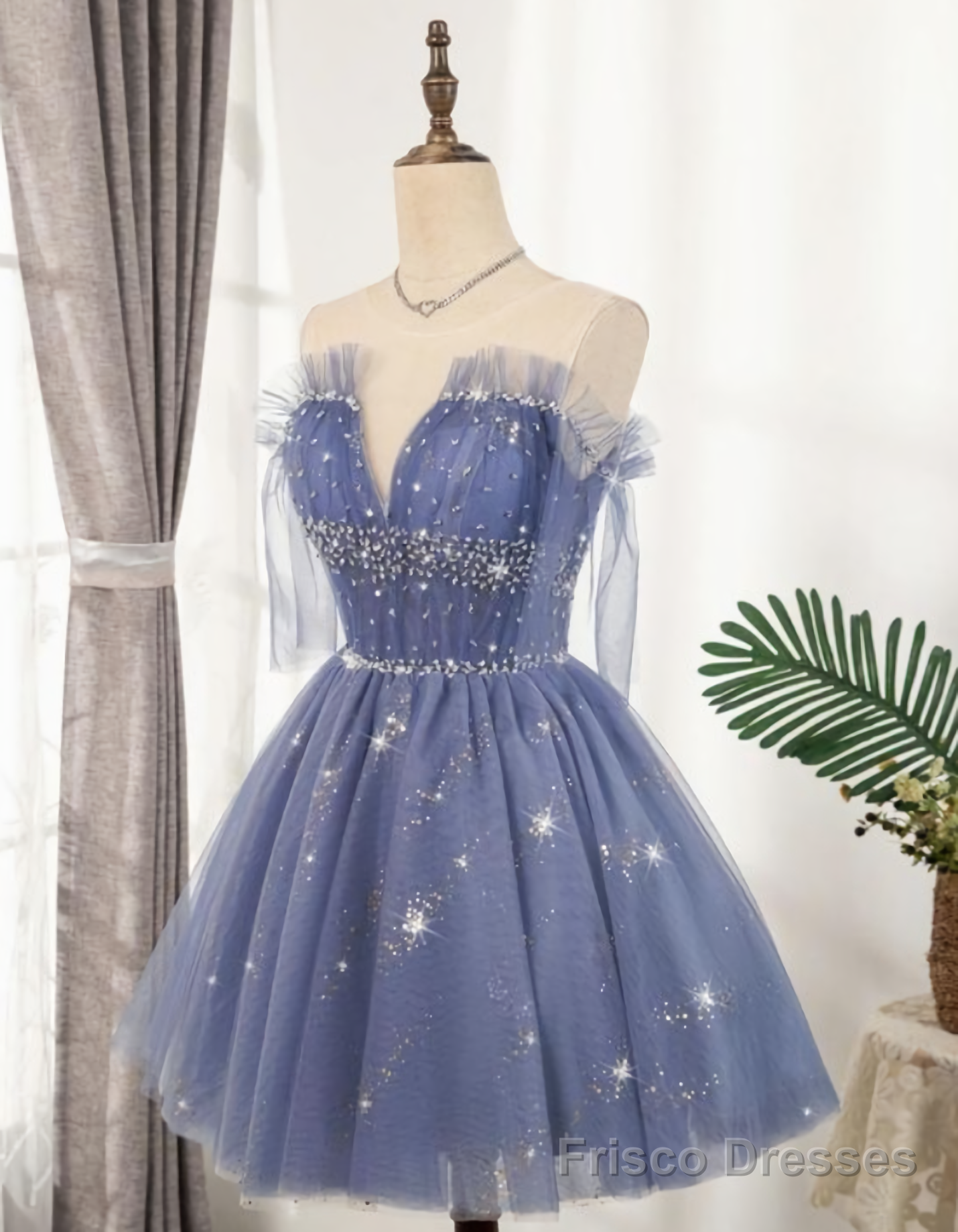 Flowy Cute A Line Blue Homecoming Dresses, Short Beading Main image