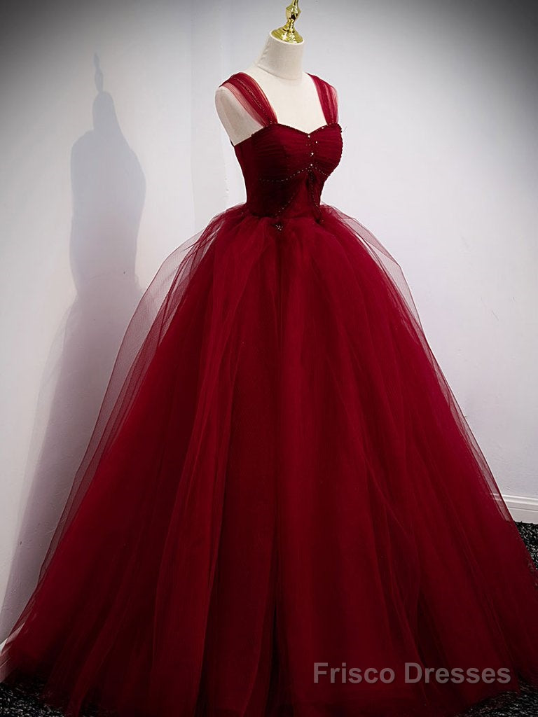 Burgundy Sweetheart Tulle Long Prom Dress, Burgundy Evening Dress