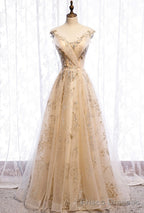 Champagne Tulle Sequins Long Prom Dress Evening Gown