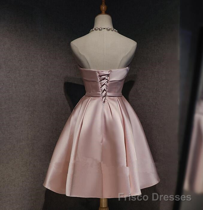 Pink Satin Short Simple Knee Lengtg Pink Homecoming Dresses Secondary image