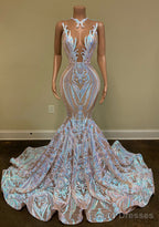 Long Sparkly Prom Dresses Sheer O-neck Sleeveless Real Picture African Black Girls Mermaid Prom Gowns