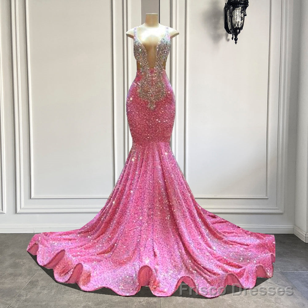 Sparkly Pink Prom Dresses Deep V Neck Evening Dresses Main image