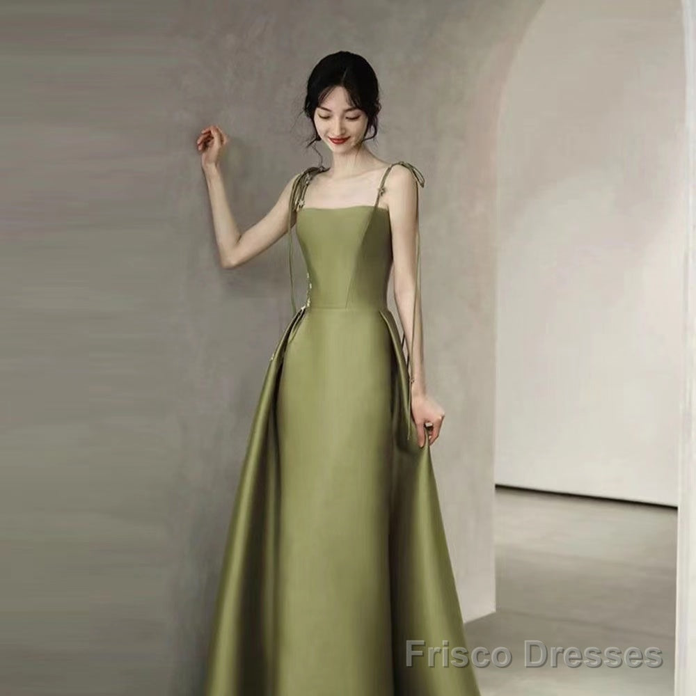 Simple A Line Straps Dark Green Satin Prom Dress