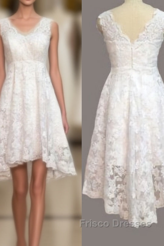 Vintage Ivory Lace Front Short Long Back Beach V Neck High Low Short Outside Cheap Wedding Dress Main image