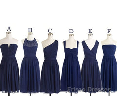 Short Navy Blue Chiffon Mismatch Maid Of Honor Girls Group In Knee Length Simple Cheap Prom Dresses