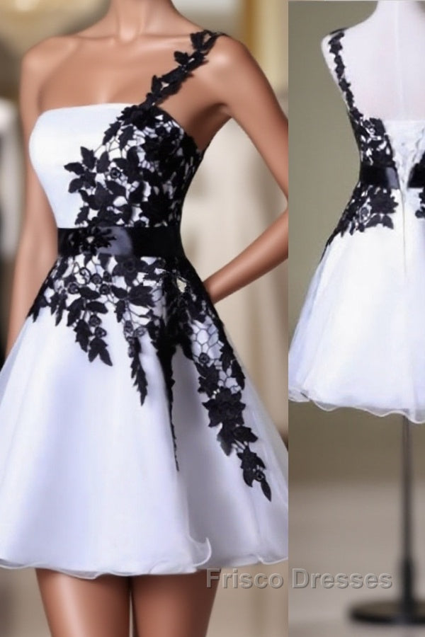 Hot Sales Vintage Black Lace White Organza Short One Shoulder Belt Custom Made Hd021 Formal Prom Dress Main image