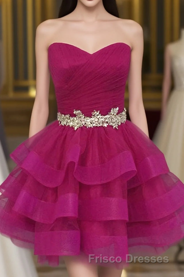 Hot Pink Organza Sweetheart Neckline Short Beadings Belt Tiered Rose Red Layers Formal Prom Dress
