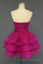 Hot Pink Organza Sweetheart Neckline Short Beadings Belt Tiered Rose Red Layers Formal Prom Dress
