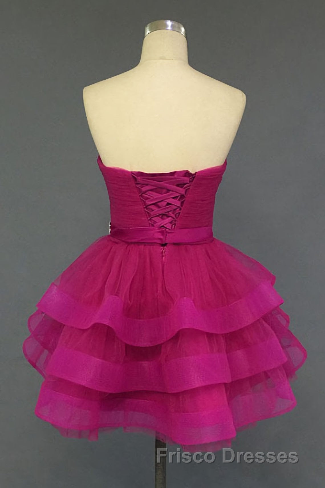 Hot Pink Organza Sweetheart Neckline Short Beadings Belt Tiered Rose Red Layers Formal Prom Dress