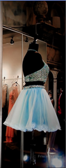 Two Pieces Light Blue Short High Neck Open Back Rhinestones Mid Section Sky Blue Prom Dresses