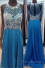 High Neck See Through O Back Dark Blue Chiffon Long Open Back Beaded Crystal A Line Bodice Sexy Formal Prom Dress
