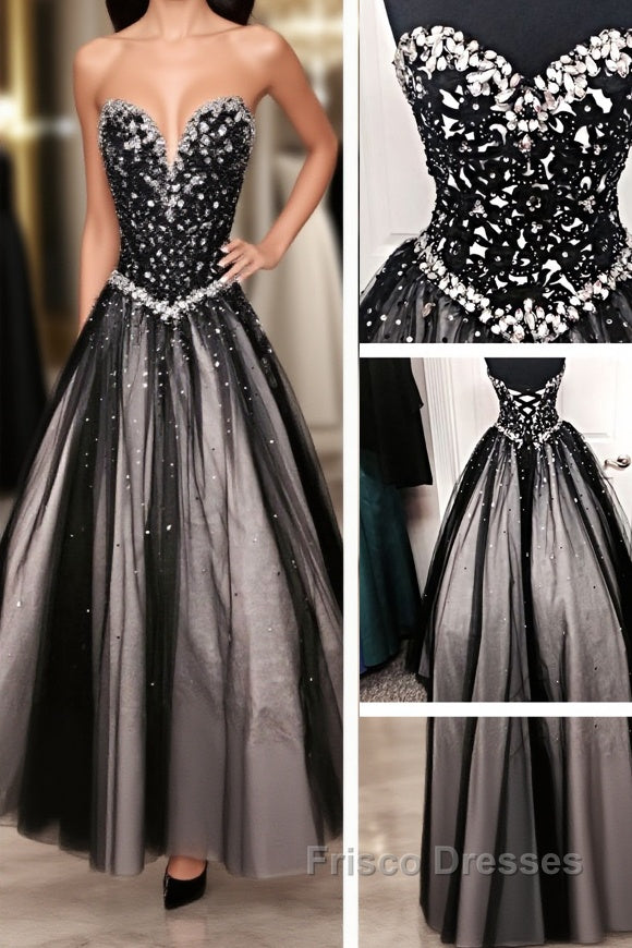 Black White Tulle Long Sweetheart Beaded Bodice For Teens Juniors Formal Prom Dress Main image