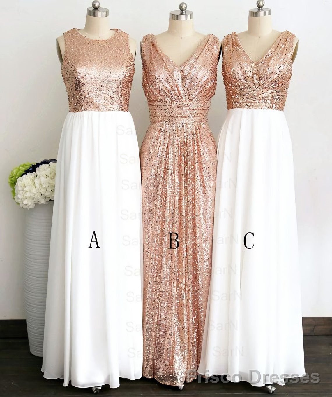 Rose Gold Sequin White Chiffon V Neck Sexy Long Elegant Simple Prom Dresses Secondary image