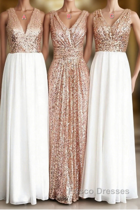 Rose Gold Sequin White Chiffon V Neck Sexy Long Elegant Simple Formal Prom Dress Main image